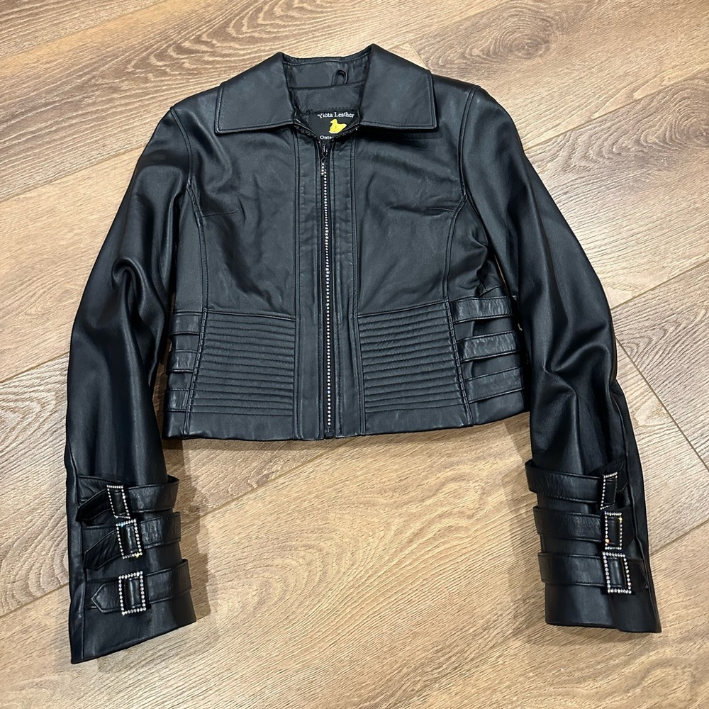 Genuine Leather Moto Jacket With Crystal Detail
